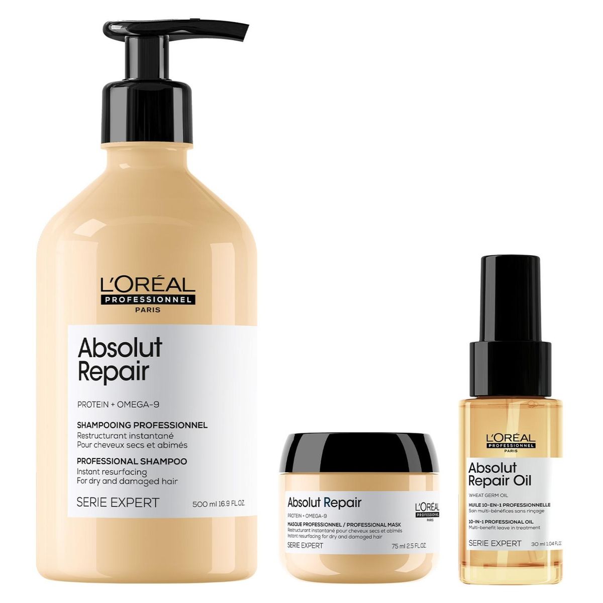 LOREAL PROFESSIONNEL - Set Profesional Reparación Y Nutrición Shampoo 500Ml + Máscara 75Ml + Aceite 30Ml Absolut Repair Loreal Professionnel
