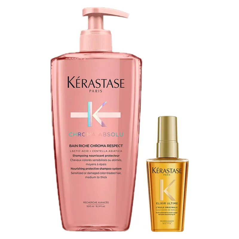 KERASTASE - Set Cuidado Del Color Shampoo 500Ml + Aceite 50Ml Para Cabello Medio A Grueso Chroma Absolu Kérastase