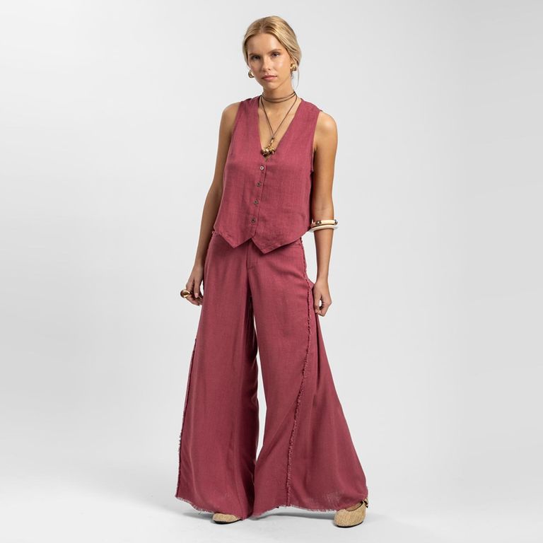 Pantalón Tiro Medio Palazzo Anna Flecos Burdeo Mujer
