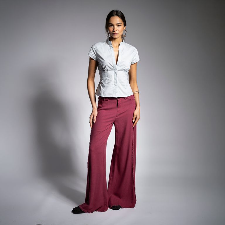 Pantalón Tiro Medio Palazzo Anna Flecos Burdeo Mujer