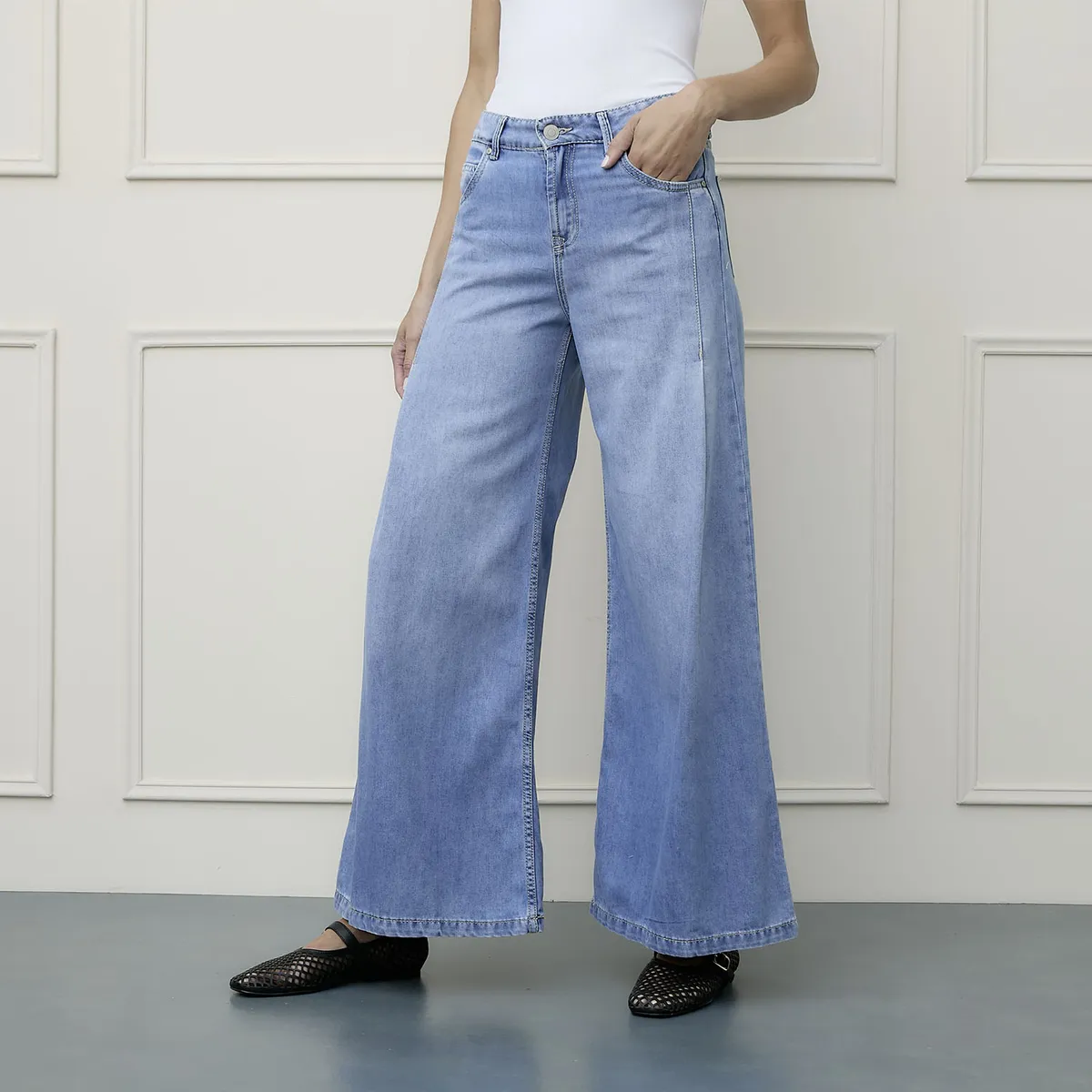 BASEMENT - Jeans Wide Leg Tiro Medio Mujer Basement