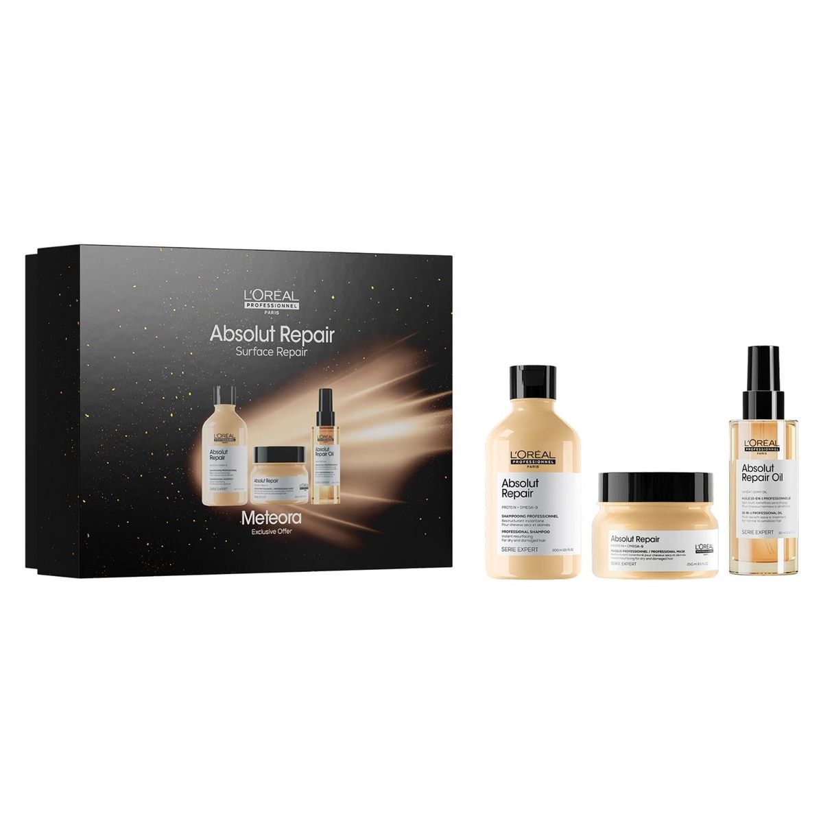 LOREAL PROFESSIONNEL - Set Profesional Reparación Cabello Dañado Shampoo 300ml+ Máscara 250ml + Aceite 90ml Absolut Repair
