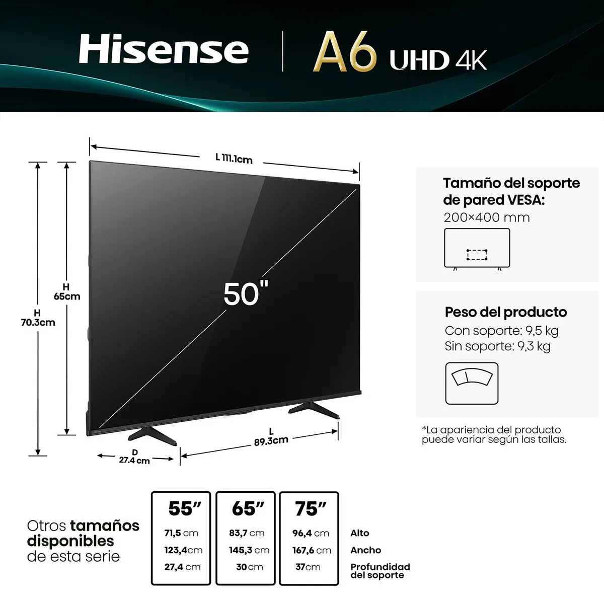 HISENSE - Smart Tv 50" 4K UHD 50A6NV Hisense
