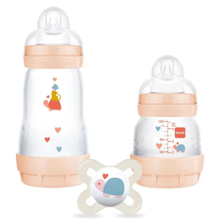 Set Mamaderas 130ml, 260ml y Chupete Recien Nacido Easy Star Damasco