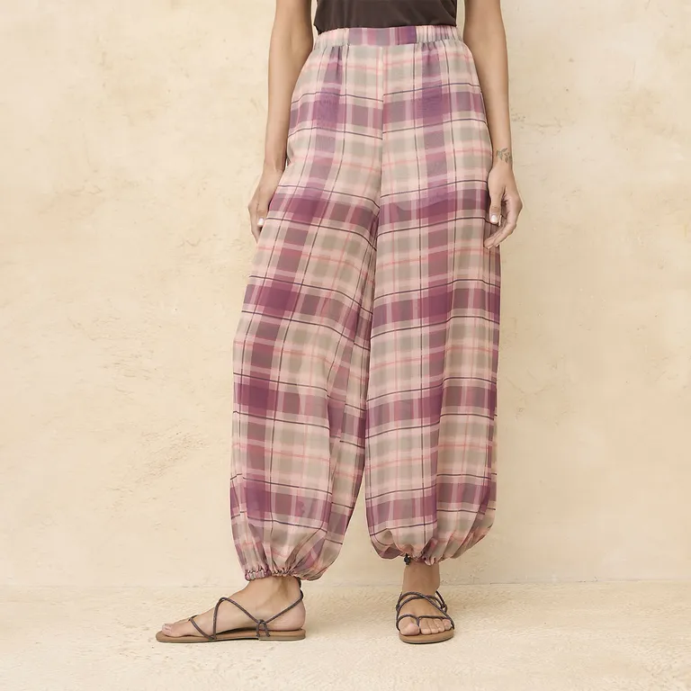Pantalón Balloon Cuadros Tiro Medio Mujer