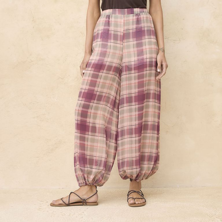 BASEMENT Pantalón Balloon Cuadros Tiro Medio Mujer