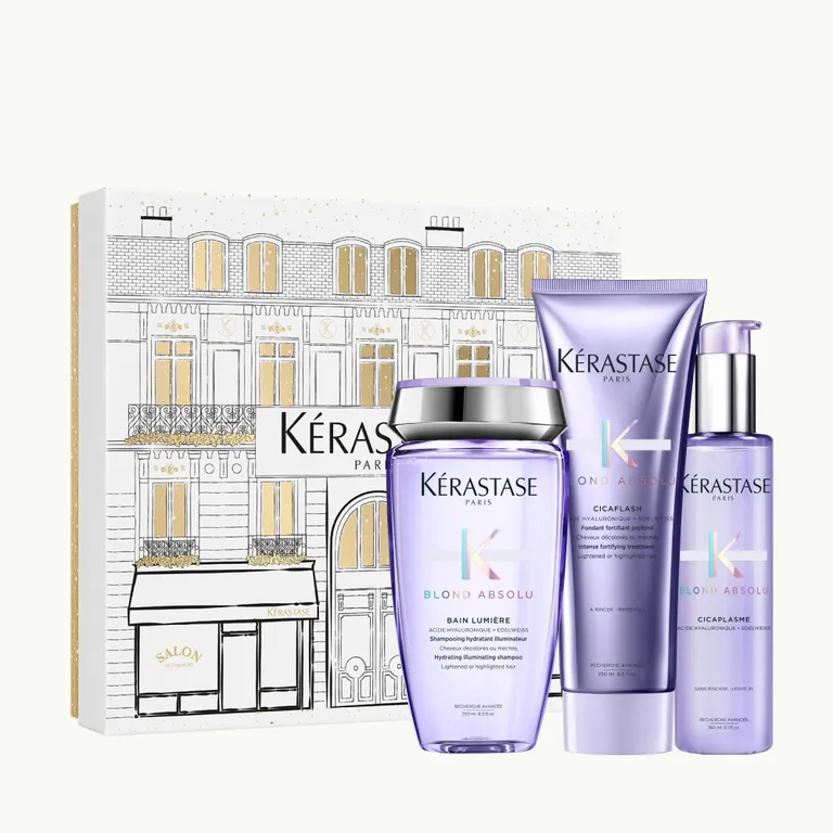 Cofre Iluminador Hidratante Shampoo 250ml + Acondicionador 250ml + Texturizante 150ml Para Cabello Rubio o Decolorado Blond Absolu Kérastase