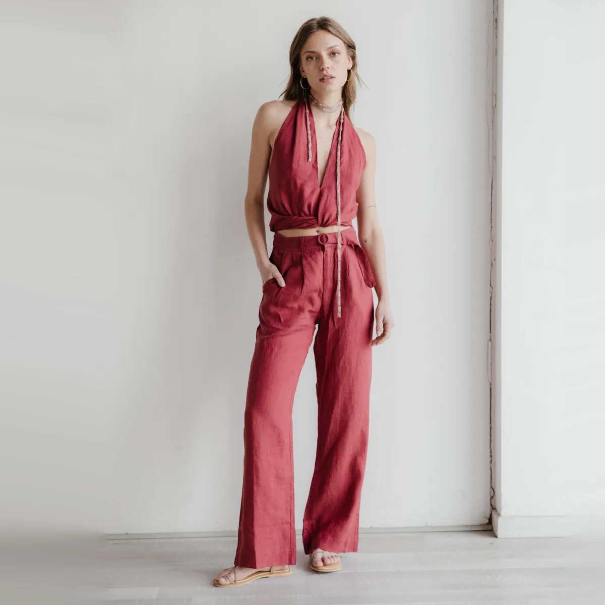 ADEU - Pantalones Tiro Medio Lino Mujer Adeu