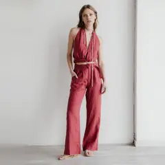 ADEU - Pantalones Tiro Medio Lino Mujer