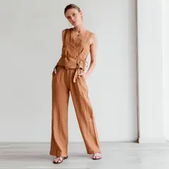 ADEU - Pantalones Tiro Medio Lino Mujer