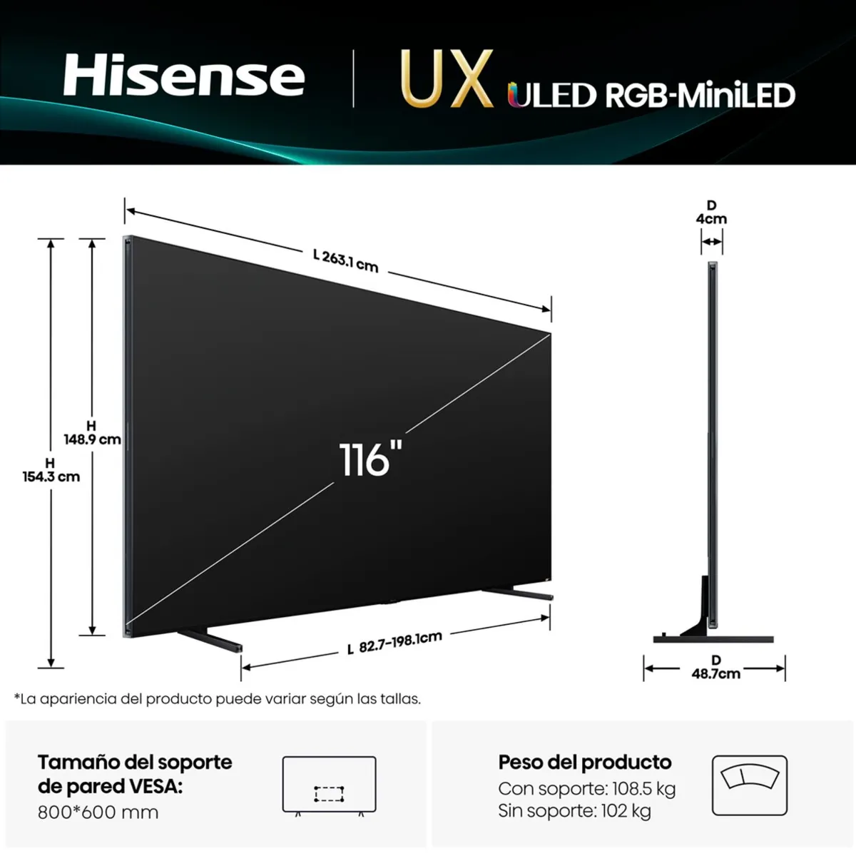 HISENSE - Smart Tv MiniLed RGB 116" 116UX 4K Hisense