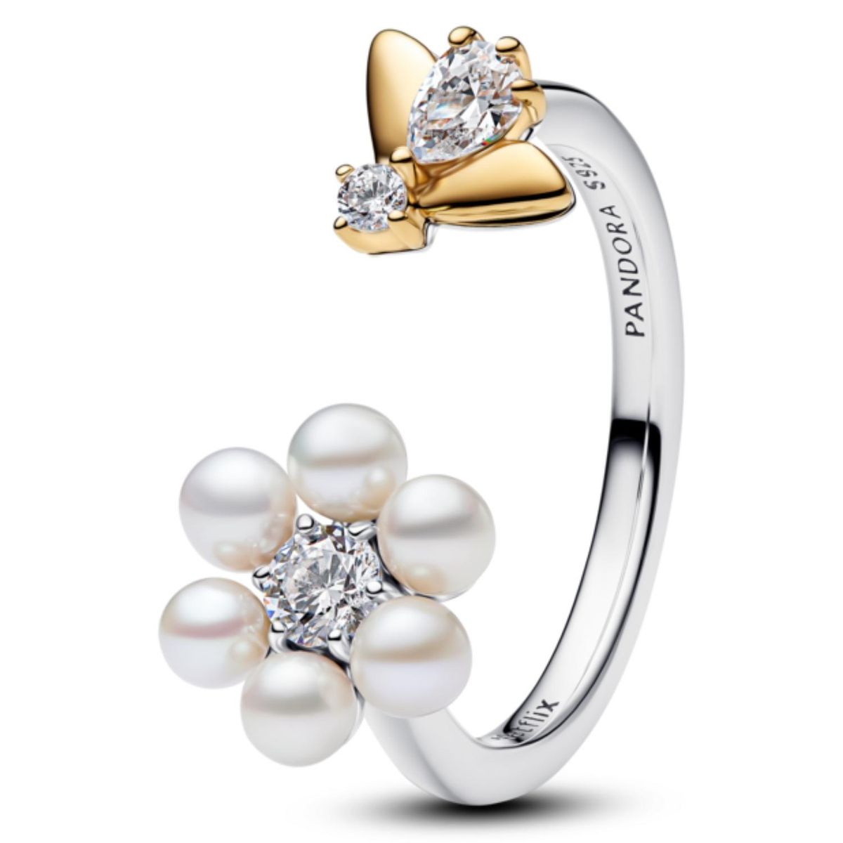 PANDORA - Anillo Abierto Abeja Bridgerton y Flor con Perla Culvada de Agua Dulce Tratada Pandora