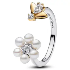 PANDORA - Anillo Abierto Abeja Bridgerton y Flor con Perla Culvada de Agua Dulce Tratada