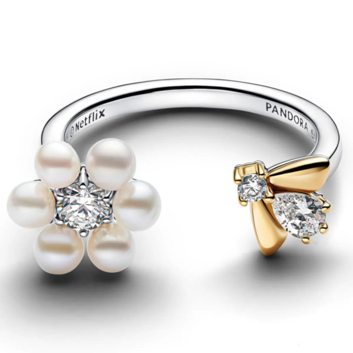 PANDORA - Anillo Abierto Abeja Bridgerton y Flor con Perla Culvada de Agua Dulce Tratada Pandora