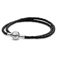 PANDORA - Brazalete Doble de Cuero Negro Moments