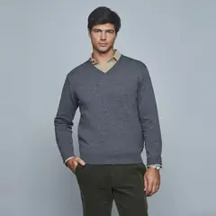 SAVILLE ROW - Sweater Liso Cuello V Lana Merino