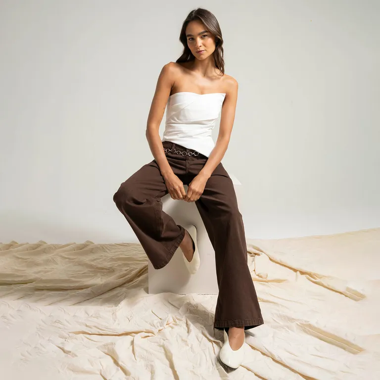 Jeans Wide Leg Josefa Tiro Bajo Café Mujer