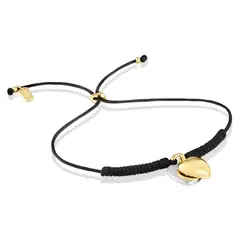 TOUS - Pulsera Doble Corazón con Baño de Oro 18 Kt Sobre Plata y Nylon Negro Flechazo