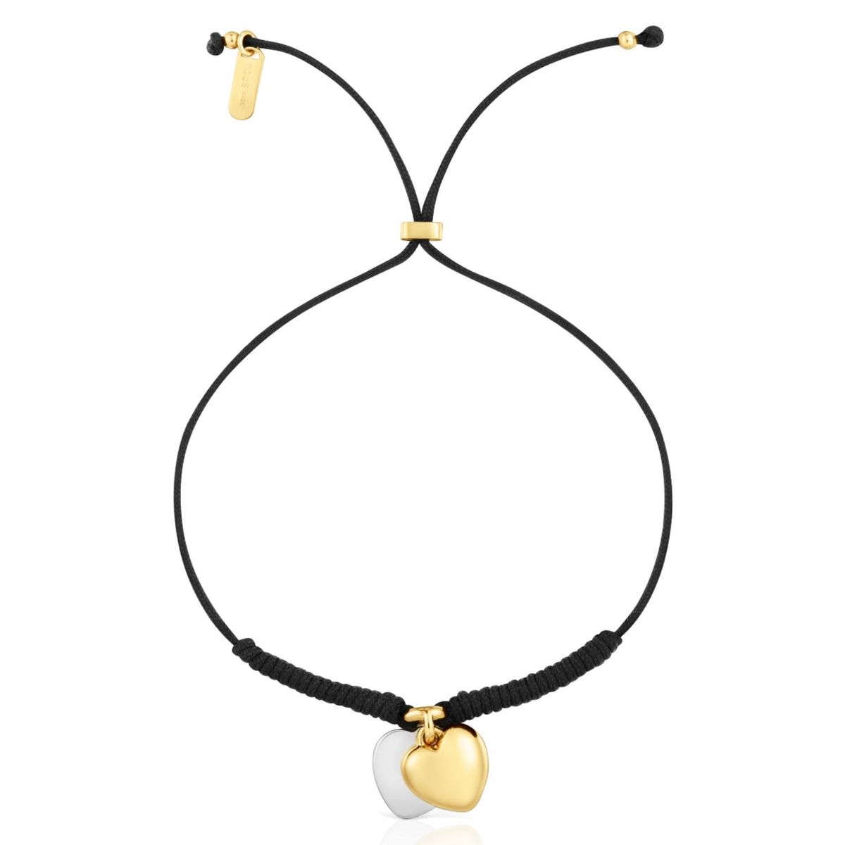 TOUS - Pulsera Doble Corazón con Baño de Oro 18 Kt Sobre Plata y Nylon Negro Mujer Tous