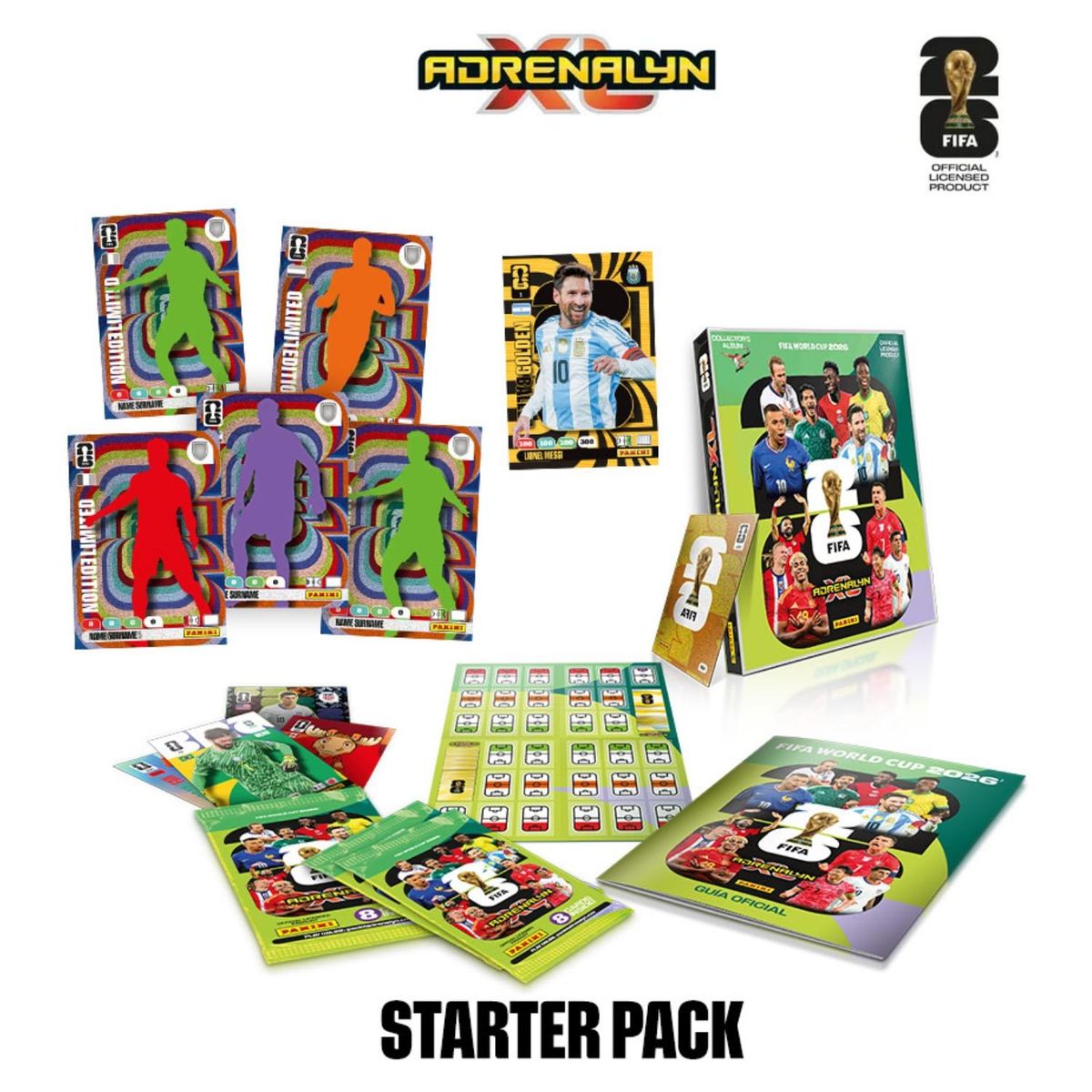 PANINI - Cartas Coleccionables Mundial FIFA 2026 – 3 Sobres + 3 Cartas Edición Limitada de Regalo + Tablero + Guía + Golden Baller Messi