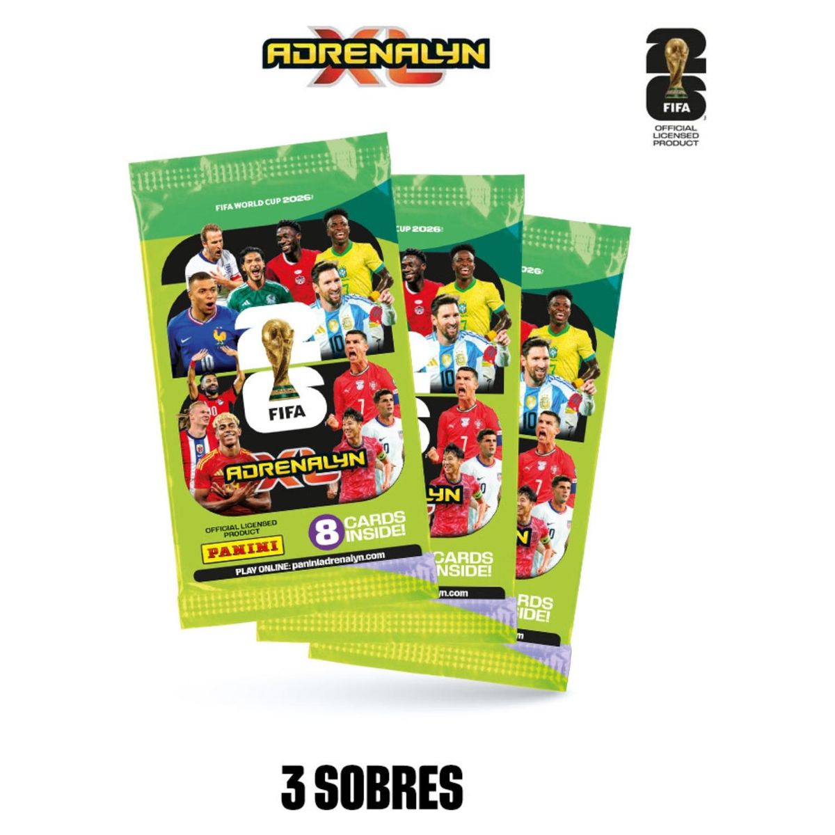 PANINI - Cartas Coleccionables Mundial FIFA 2026 – 3 Sobres + 3 Cartas Edición Limitada de Regalo + Tablero + Guía + Golden Baller Messi