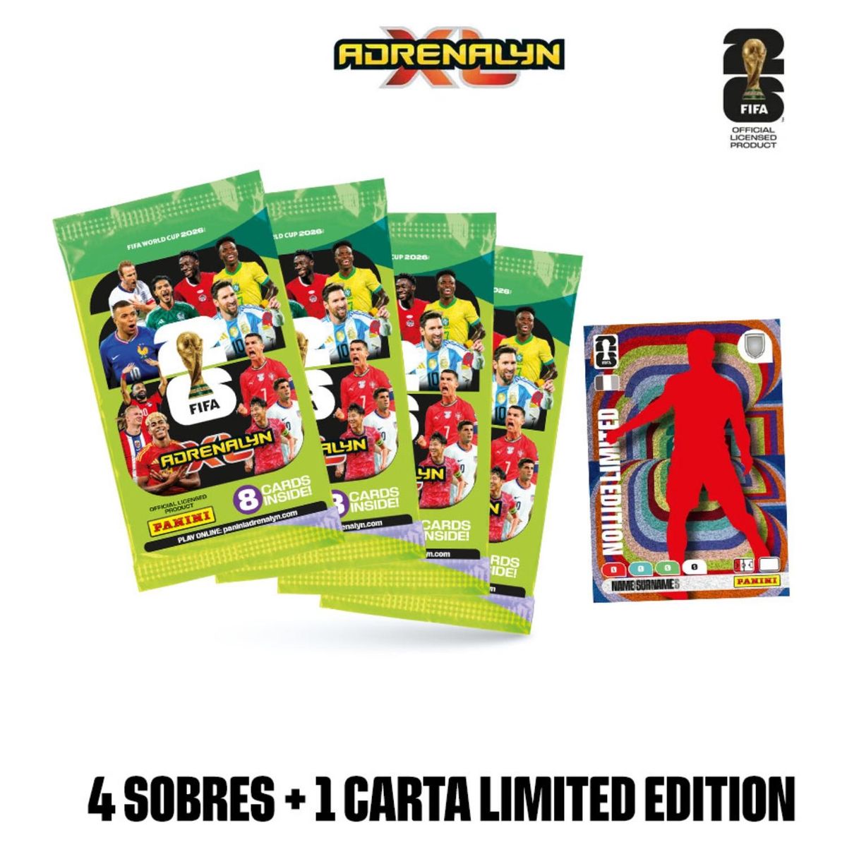 PANINI - Cartas Coleccionables Mundial FIFA 2026 – Pack 4 Sobres + 1 Carta Edición Limitada de Regalo