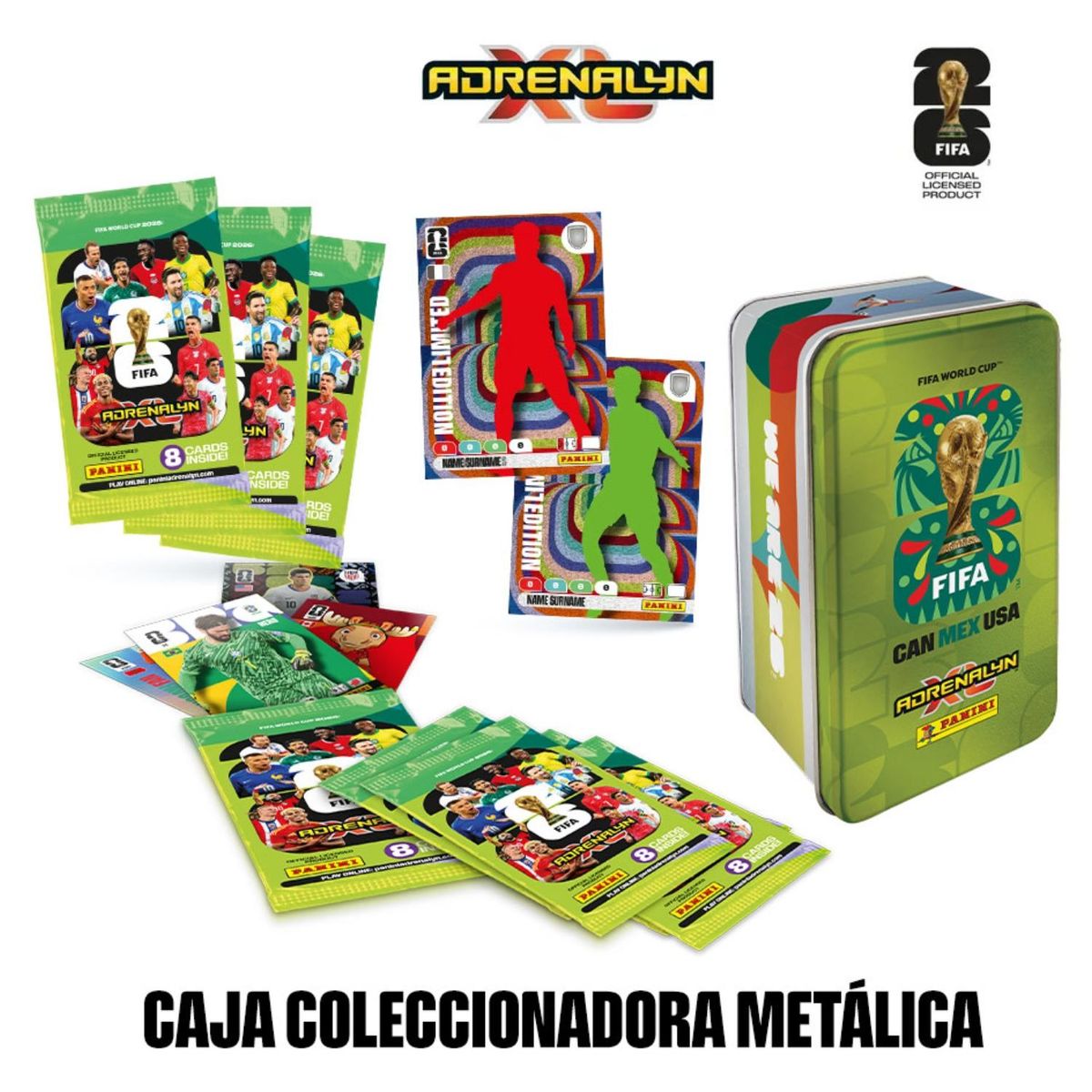 PANINI - Cartas Coleccionables Mundial FIFA 2026 – Pack 8 Sobres + 2 Cartas Edición Limitada de Regalo + Coin Card + Caja Verde