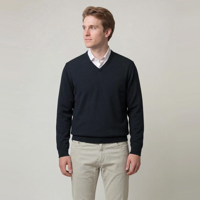Sweater Liso Cuello V Manga Larga Merino Italiano Hombre