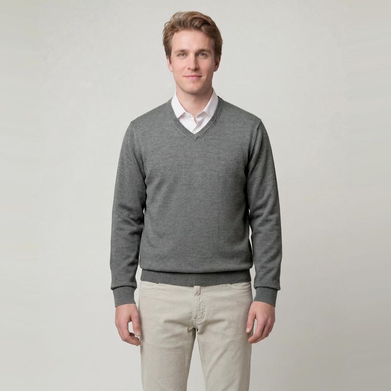 Sweater Liso Cuello V Manga Larga Merino Italiano Hombre