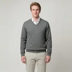SAVILLE ROW - Sweater Liso Cuello V Manga Larga Merino Italiano Hombre