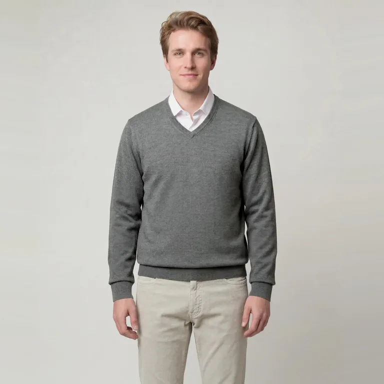 Sweater Liso Cuello V Manga Larga Merino Italiano Hombre