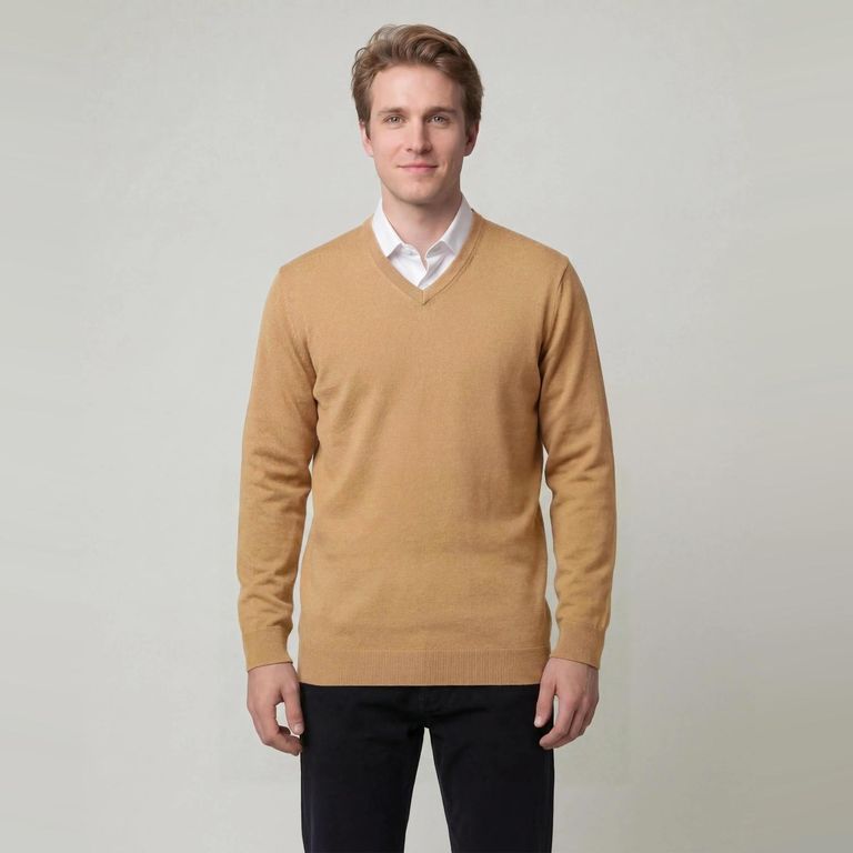 Sweater Liso Cuello V Manga Larga Merino Italiano Hombre
