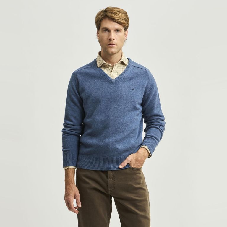Sweater Cuello V Manga Larga Lana Italiana Hombro Montura Hombre