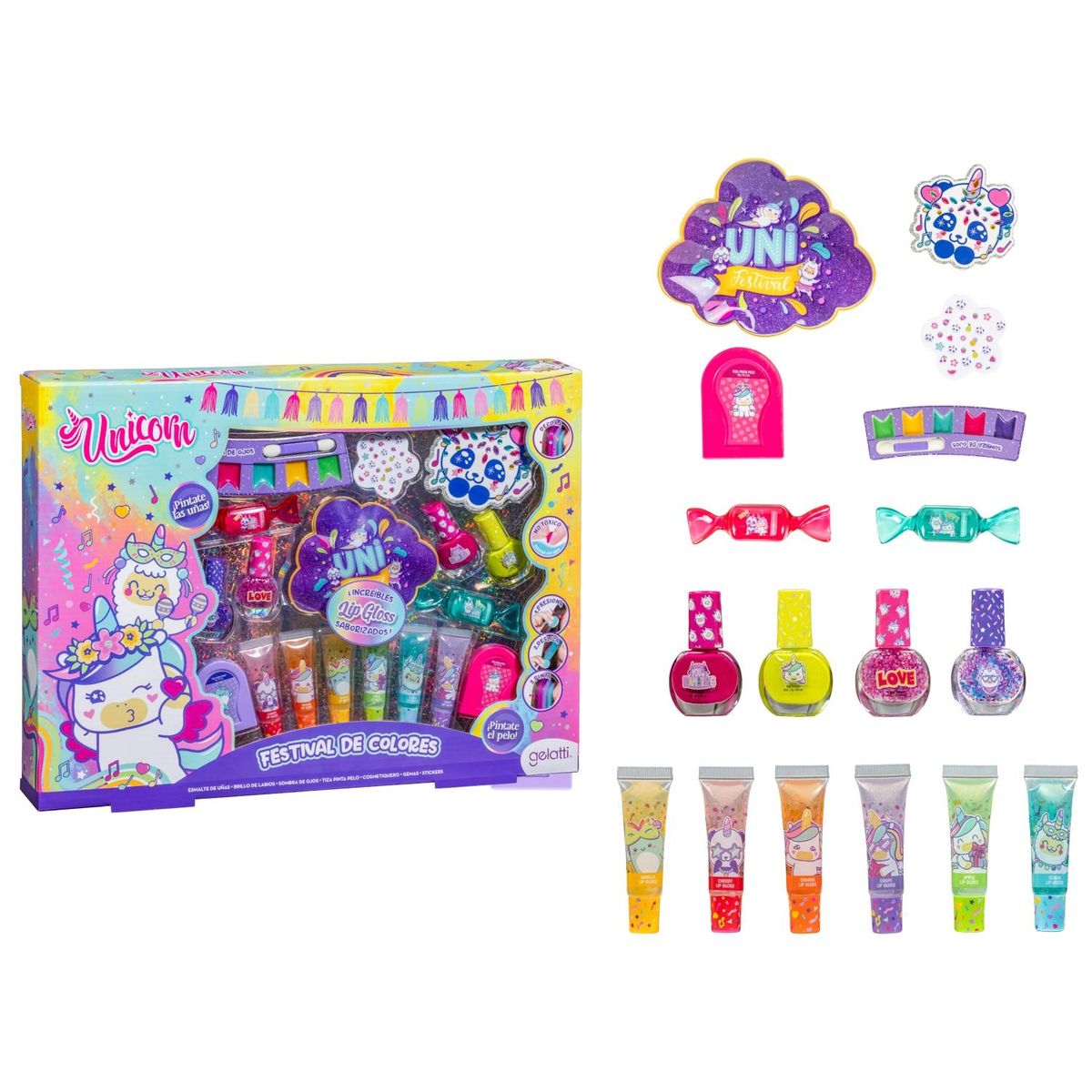 GELATTI - 4 Esmaltes+Pinta Pelo+Sombra+Cosmetiquero Unicornio