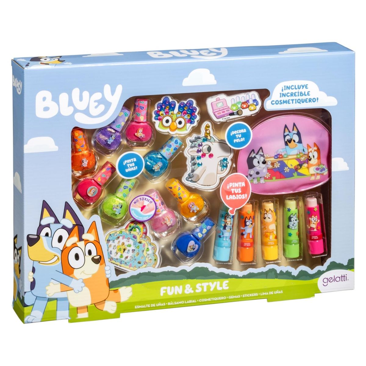 GELATTI - 9 Esmaltes + Lip Balm + Cosmetiquero + Gemas + Stickers Bluey Gelatti