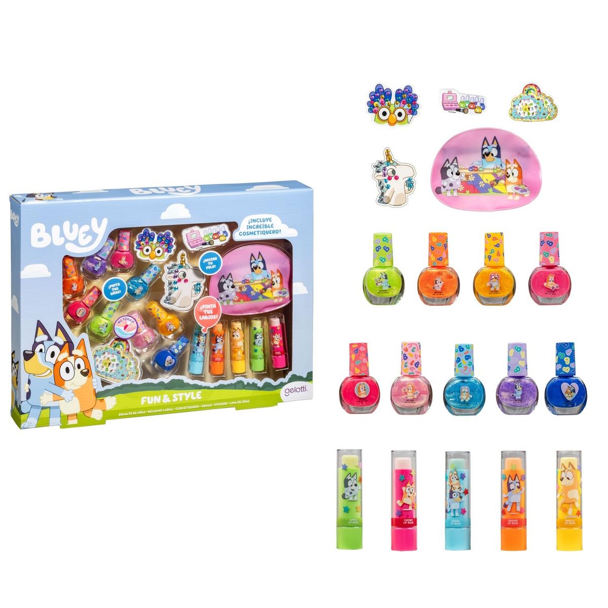 GELATTI - 9 Esmaltes + Lip Balm + Cosmetiquero + Gemas + Stickers Bluey Gelatti