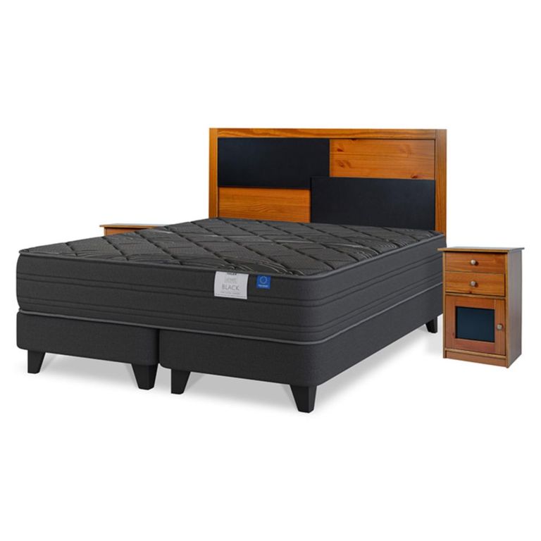 FLEX Cama Europea Black 2 Plazas x 2.00mt Base Dividida + Respaldo + 2 Veladores