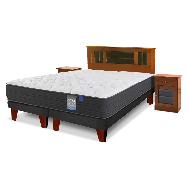 Cama Europea Europedic Dual 2 Plazas x 2.00mt Base Dividida + Respaldo + 2 Veladores