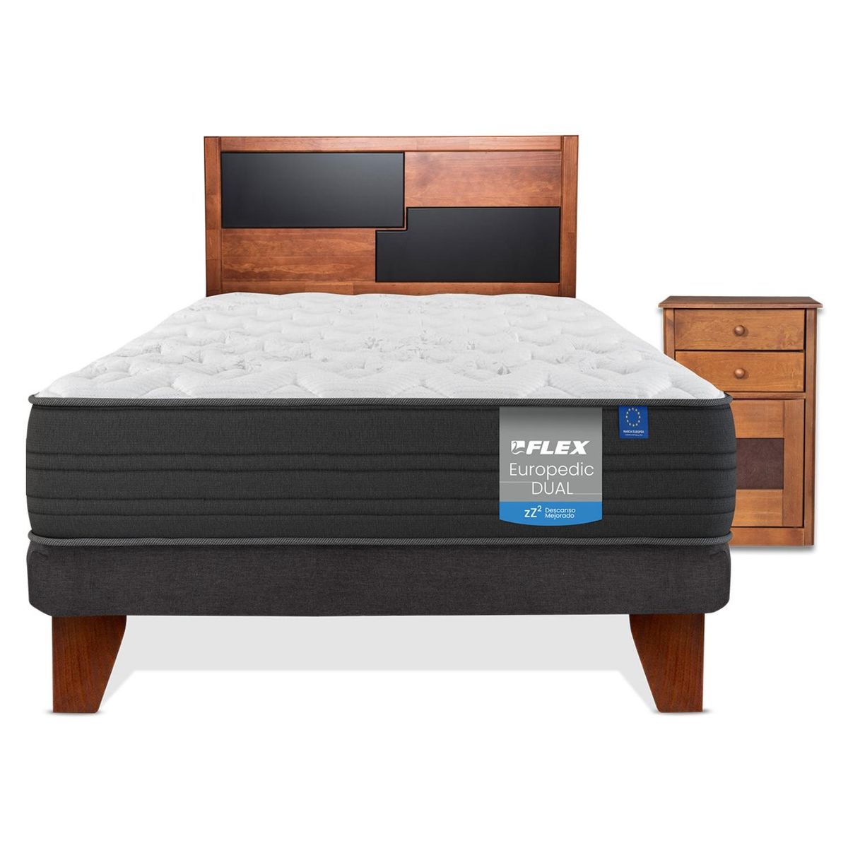 FLEX - Cama Europea Europedic Dual 1.5 Plazas x 2.00mt  + Respaldo + 1 Velador Flex
