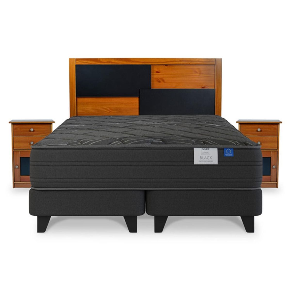 FLEX - Cama Europea Black King x 2.00mt Base Dividida + Respaldo + 2 Veladores Flex