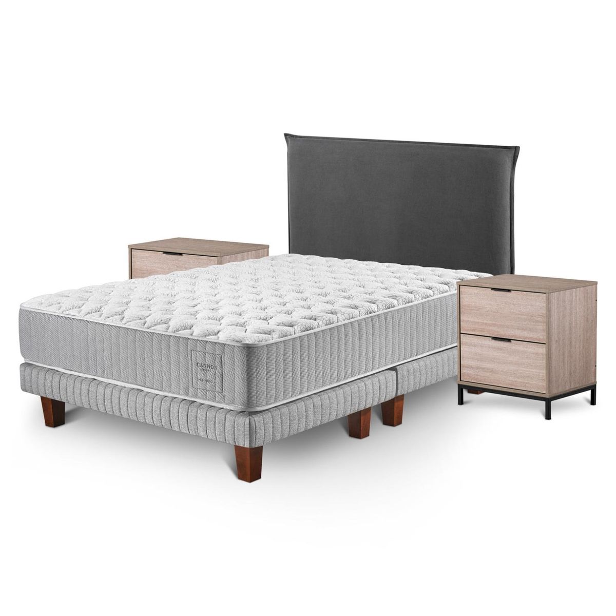 CANNON - Cama Europea Hybrid Cotton King + Respaldo Lino Gris + Velador Volga Cannon