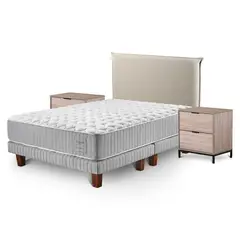 CANNON - Cama Europea Hybrid Cotton 2 Plazas + Respaldo Lino Beige + Velador Volga