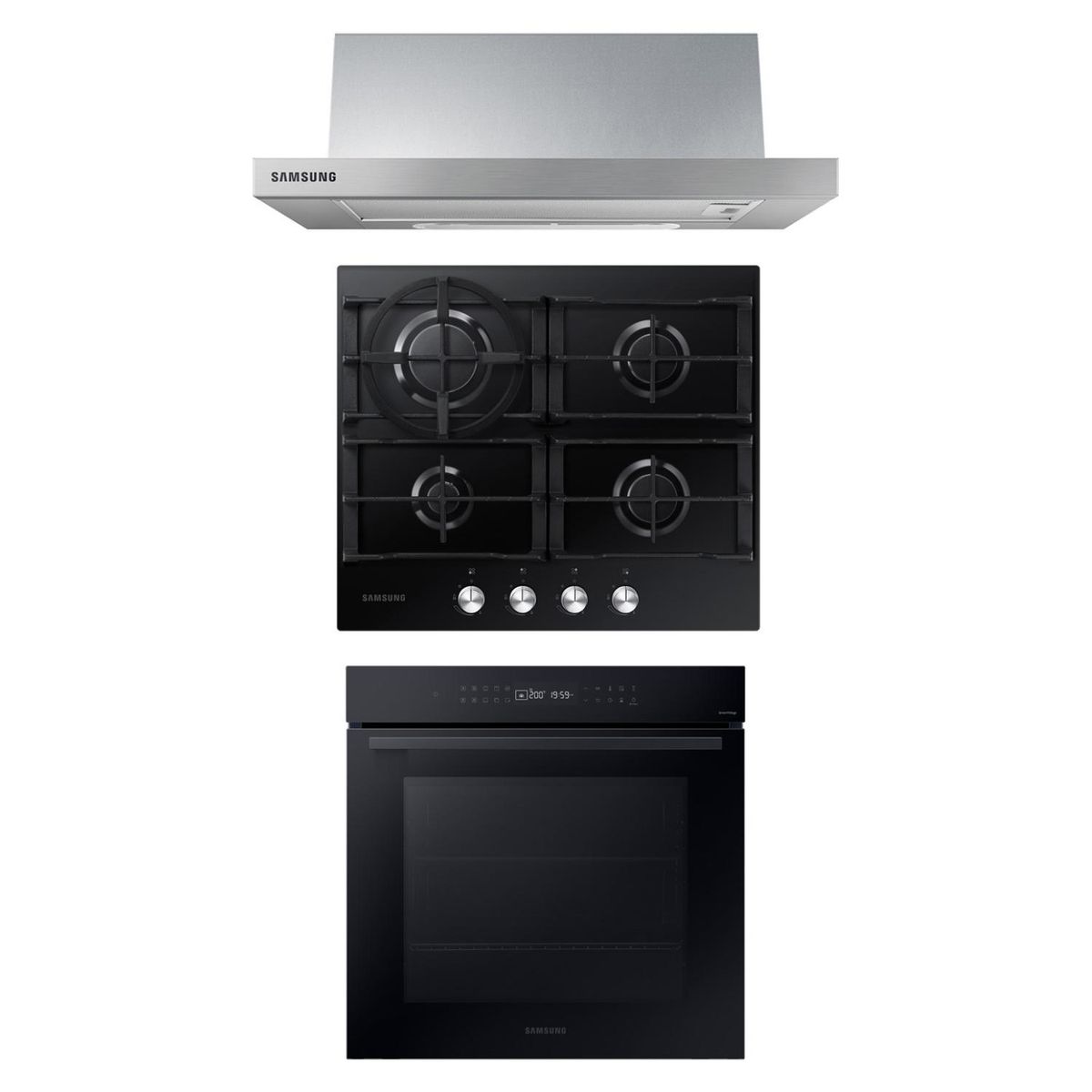 SAMSUNG - Campana Telescópica 60 cm + Encimera a Gas 4Q Negra + Horno Eléctrico 76 L Wi-Fi Negro Samsung