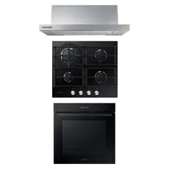SAMSUNG - Campana Telescópica 60 cm + Encimera a Gas 4Q Negra + Horno Eléctrico 76 L Wi-Fi Negro