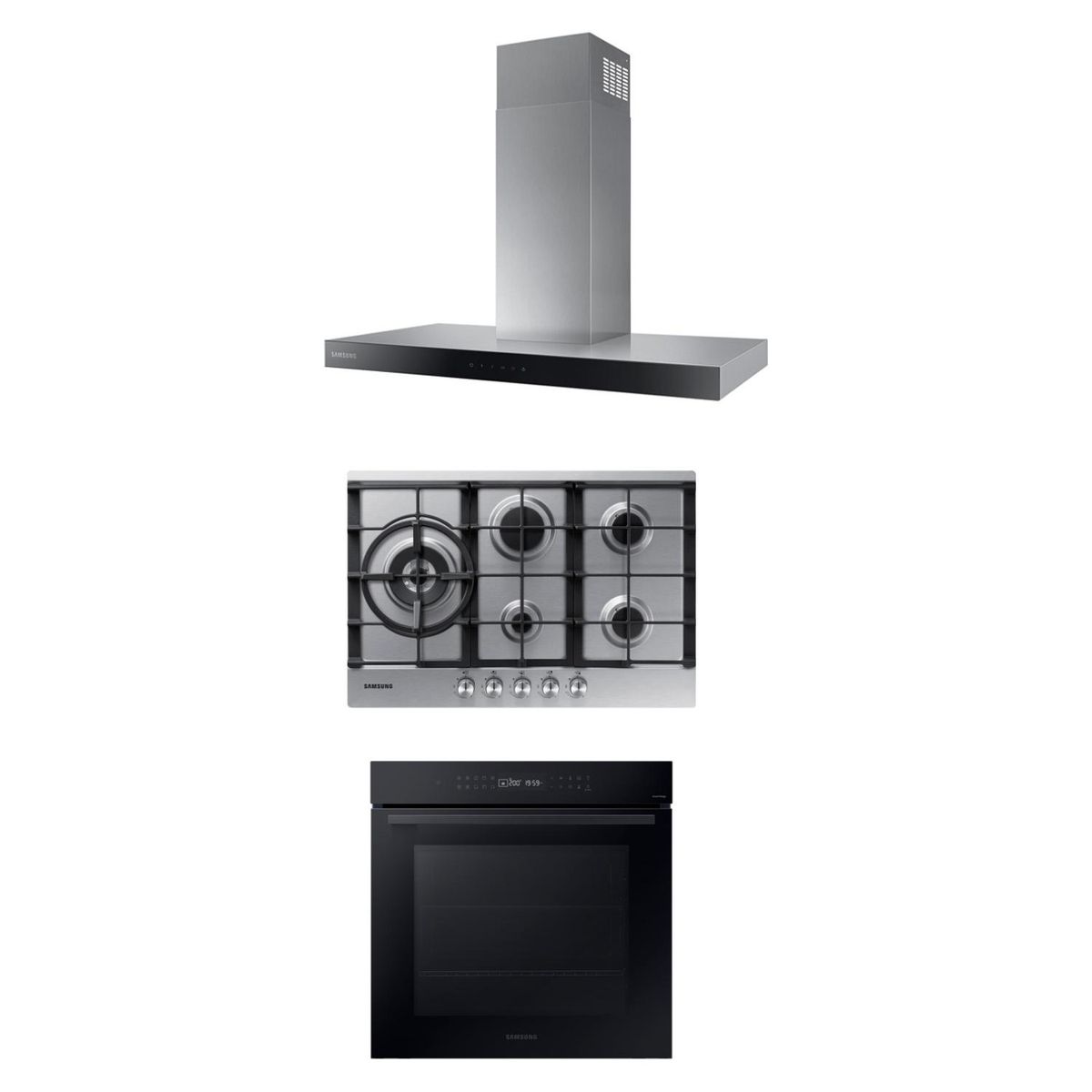 SAMSUNG - Campana Decorativa Táctil 90 cm + Encimera a Gas 5Q Gris + Horno Eléctrico 76 L Wi-Fi Negro Samsung
