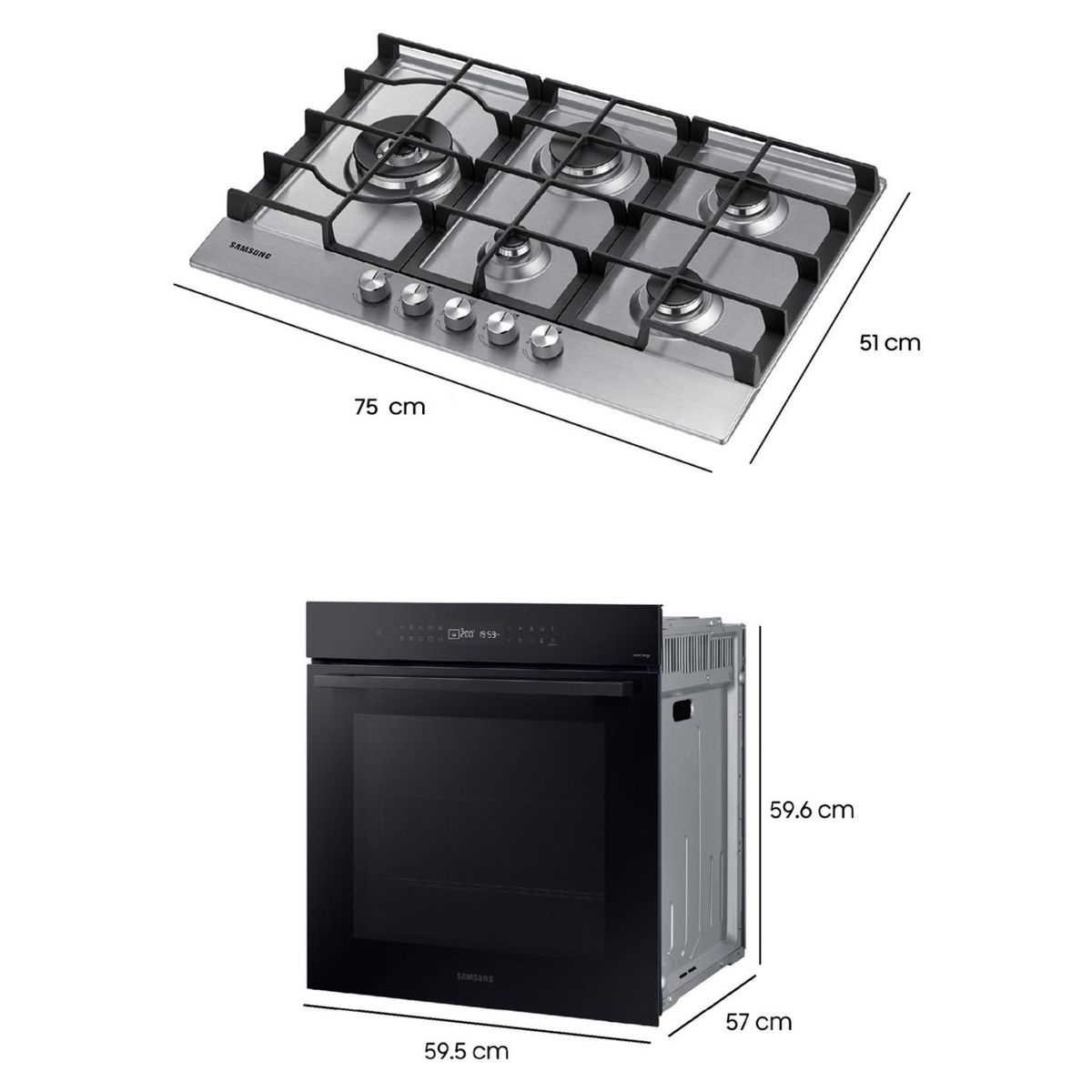 SAMSUNG - Encimera a Gas 5Q Gris + Horno Eléctrico 76 L Serie 4 Wi-Fi Negro Samsung