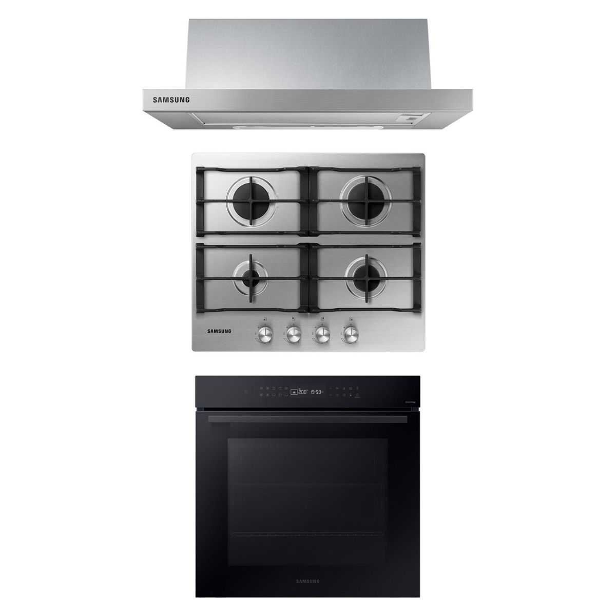 SAMSUNG - Campana Telescópica 60 cm + Encimera a Gas 4Q Gris + Horno Eléctrico 76 L Wi-Fi Negro Samsung