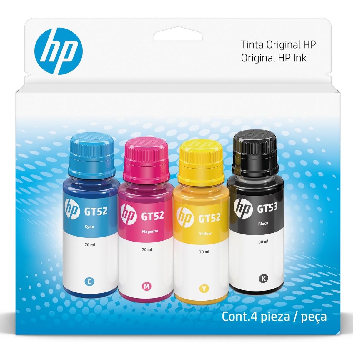 HP - Pack de 4 botellas de tinta HP GT53/GT52 Original. Negro, Cyan, Magenta, Amarillo