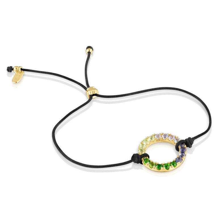 Pulsera Con Bano De Oro 18 Kt Sobre Plata, Gemas Y Nylon Negro Straight