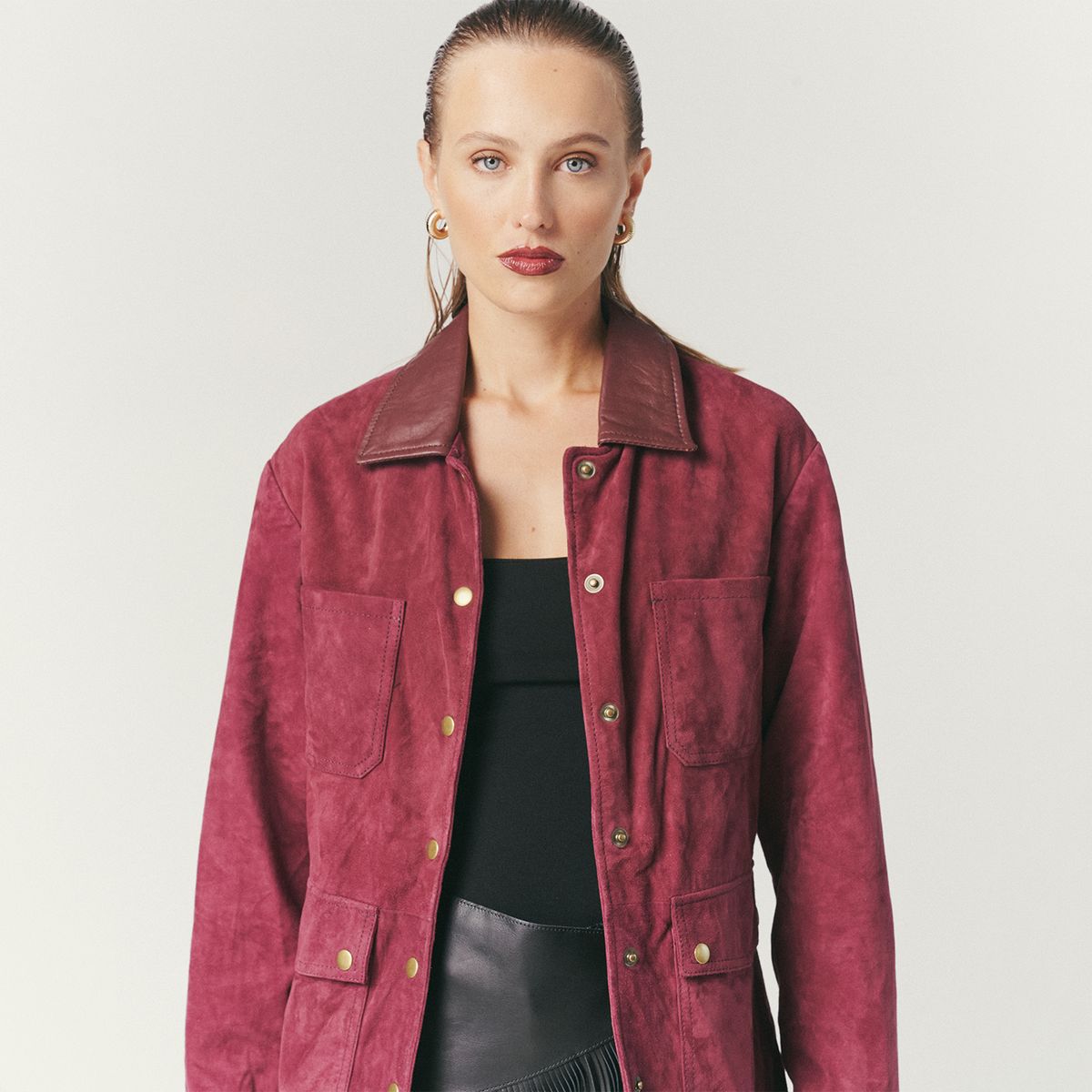 HER - Chaqueta Gamuza Burdeo 100% Cuero Mujer Her
